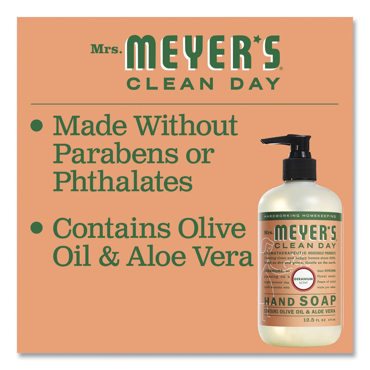 Mrs. Meyer's Clean Day Liquid Hand Soap, Geranium, 12.5 oz, 6/Carton