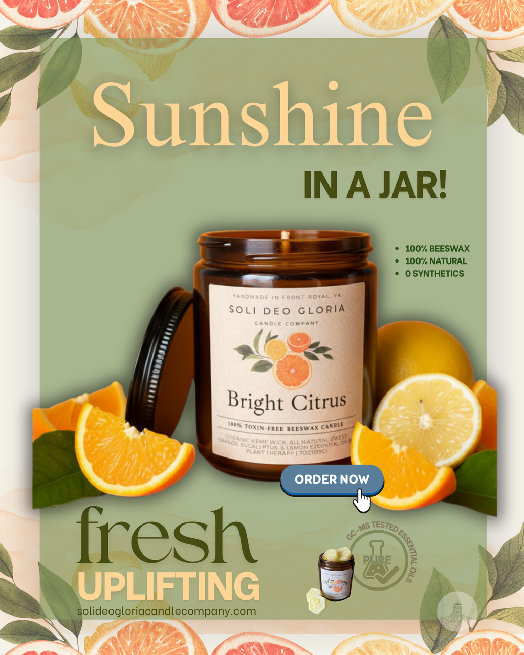 Bright Citrus | Natural Beeswax Candle with Organic Essential Oils